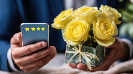 Holding phone displaying stars and a square vase holding bright yellow roses, soft background with blazer