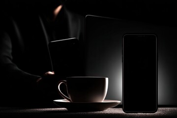 Silhouette of person working at night with devices and coffee