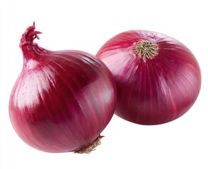 Two vibrant red onions, with layered skin and textured tops, isolated against a plain white backdrop in bright light
