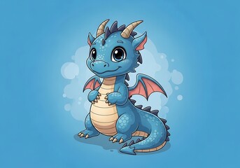 A charming, cartoon-style illustration of a small, light-blue dragon with large eyes, presented against a light-blue backdrop.