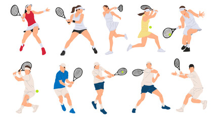 Vector illustration set of tennis players, men and women, in various action poses such as serve, forehand, backhand, and smash. Perfect for sports design, tournaments, and training concepts.