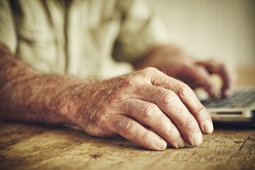 Close-up of weathered hands typing on a laptop