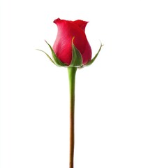Close-up of a red rose bud with a long stem and green sepals, isolated against a bright white background