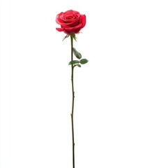 Elegant, full red rose atop a long stem with delicate green leaves, isolated on a clean, white background