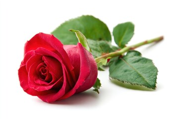 A single red rose lies diagonally against a stark white background, stem and green leaves visible