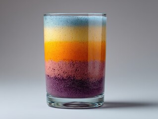 Vibrant Layered Foamy Drink in Glass with Blue, Yellow, Orange, Pink, Purple Hues