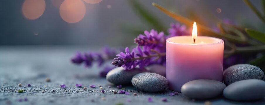 A calming, lavender-scented stress relief candle burning gently, surrounded by smooth stones and soft lighting Perfect for relaxation and self-care imagery , flame, candle, zen