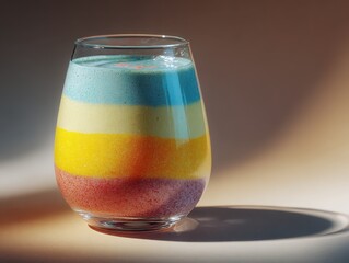 Colorful layered smoothie in glass, rainbow colors, healthy drink.