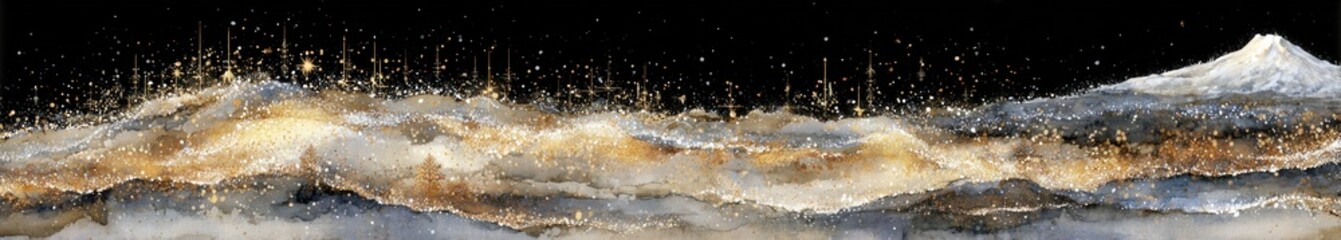 Abstract landscape with golden light and snow-capped peak under a starry, dark sky