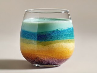 Layered Rainbow Drink in a Clear Glass with Frothy Top