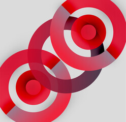 Abstract design features overlapping red circles, white accents, gray background. Minimalist composition creates dynamic visual impact.