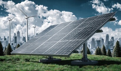 Solar panel in foreground, windmills, skyline backdrop. Green grass under puffy clouds