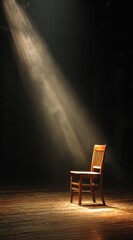 Single wooden chair bathed in a dramatic spotlight in a dark, dusty room with an aged wooden floor