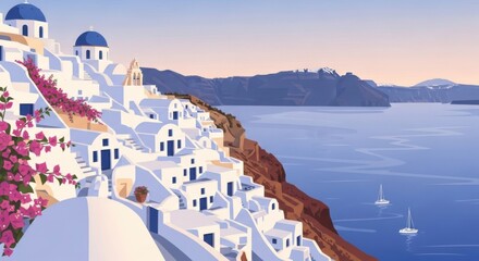 Scenic Coastal Village in Santorini with White Buildings Blue Domes and Pink Bougainvillea at Sunset