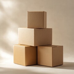 Stacked cardboard boxes casting soft shadows against a beige background, minimalist still life composition
