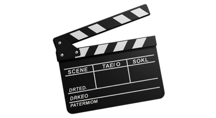 A classic black film clapperboard with white stripes used for marking scenes in cinema production isolated on white background