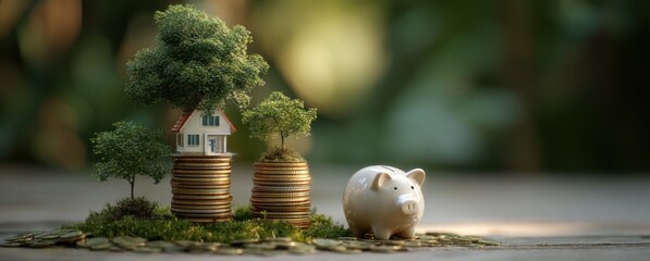 Miniature house on coins, piggy bank, and trees arranged on a wooden surface against a blurred green background