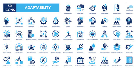 Adaptability Fill Icon Set.Flexible Mindset, Change Ready, Quick Response, Growth Mindset, Open To Change, Learning Curve, Agile Thinking