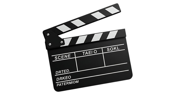 A classic black film clapperboard with white stripes used for marking scenes in cinema production isolated on white background