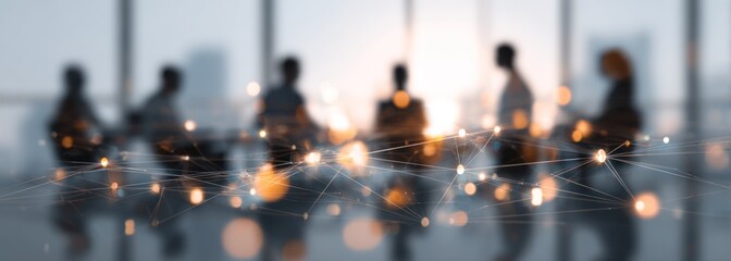 Blurred silhouettes in meeting room, interconnected network overlay, cityscape background, abstract light points, connectivity concept