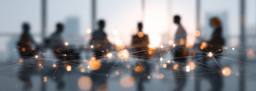 Blurred silhouettes in meeting room, interconnected network overlay, cityscape background, abstract light points, connectivity concept