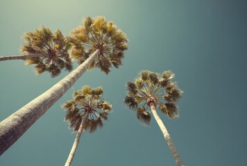 Upward-facing, tinted shot of four tall palm trees with bright green fronds set against a clear, azure sky. Warm vintage feel