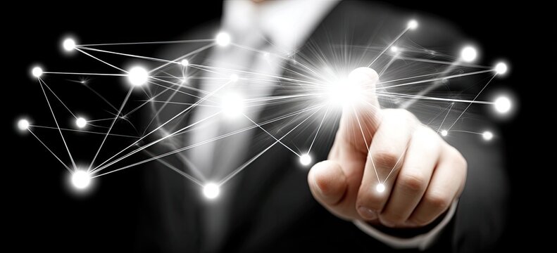Businessman's hand interacts with a network graphic (1) - Powered by Adobe