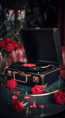 Red vinyl record player sits amongst roses, on a green table and leather couch in moody, vintage light