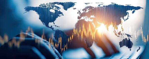 Global market analysis overlaid on a world map, with financial data visualized by rising and falling candle-stick graphs