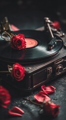 Moody shot of a vintage record player with scattered red rose petals creates a romantic, nostalgic atmosphere