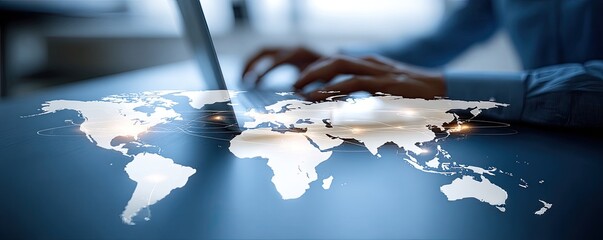 Global network overlay on a laptop with person typing