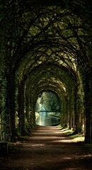 Obraz premium A tranquil pathway, arched by verdant trees, leads to a serene canal, bathed in soft sunlight.