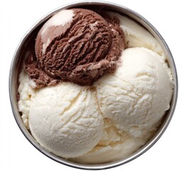 Overhead shot Metal tub filled with vanilla, chocolate swirl, and plain vanilla ice cream scoops, isolated on white