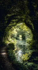 A serene canal path enveloped by lush greenery, bathed in dappled sunlight.  A tranquil waterway winds through a verdant tunnel of trees, creating a picturesque passage.