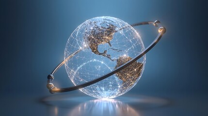 Futuristic 3D render of a luminous globe with orbiting nodes and cinematic lighting.