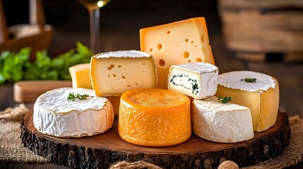 Selection of different types of cheese arranged on a wooden board.
