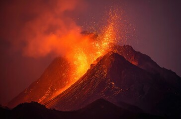 Volcanic eruption spews fiery lava and ash against a dusky sky, illuminating a rugged mountain landscape in a spectacular display of nature's power