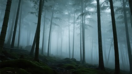 Obraz premium A bamboo forest filled with mist, with tall and straight bamboos, creating a quiet and serene atmosphere.