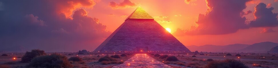 Iridescent Pyramid at Sunset Fantasy Architecture, Glowing Textures, Otherworldly Beauty
