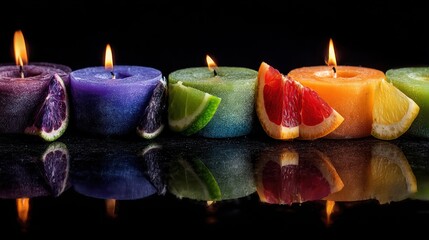 Row of lit candles in various colors with citrus wedges, mirrored on a dark surface with glowing flames