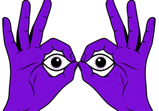 Psychedelic Purple Hands Making Binocular Gesture with Open Eyes Vector Illustration Isolated