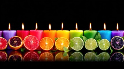 Rainbow colored candles with citrus slices and mint arranged in a vibrant horizontal row on a shiny black surface