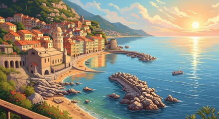 Fototapeta premium Colorful Coastal Village Scene at Sunset with Hills and Calm Sea