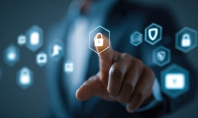A person presses a digital padlock in the air, with digital icons floating around, concept of cybersecurity