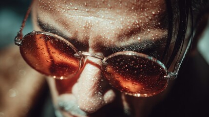 Close-up shot of a man with sunglasses, covered in water droplets, showing skin texture and shallow depth of field
