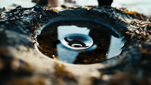 Raindrop in a Puddle: A single raindrop creates ripples on the surface of a puddle, reflecting the surrounding textures.