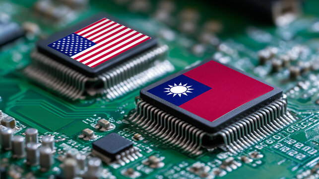 Microchips with USA and Taiwan flags on a circuit board, symbolizing technology cooperation and global semiconductor politics.