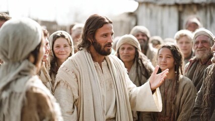 Jesus Christ talking with other people at city street in ancient time 