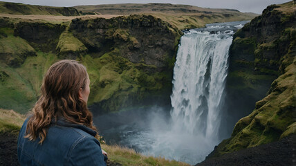 Woman overlooking waterfall at skogafoss, Iceland, beautiful scene