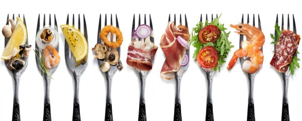 Line of forks with various foods perched on the tines, including seafood, meat, and vegetables on white background